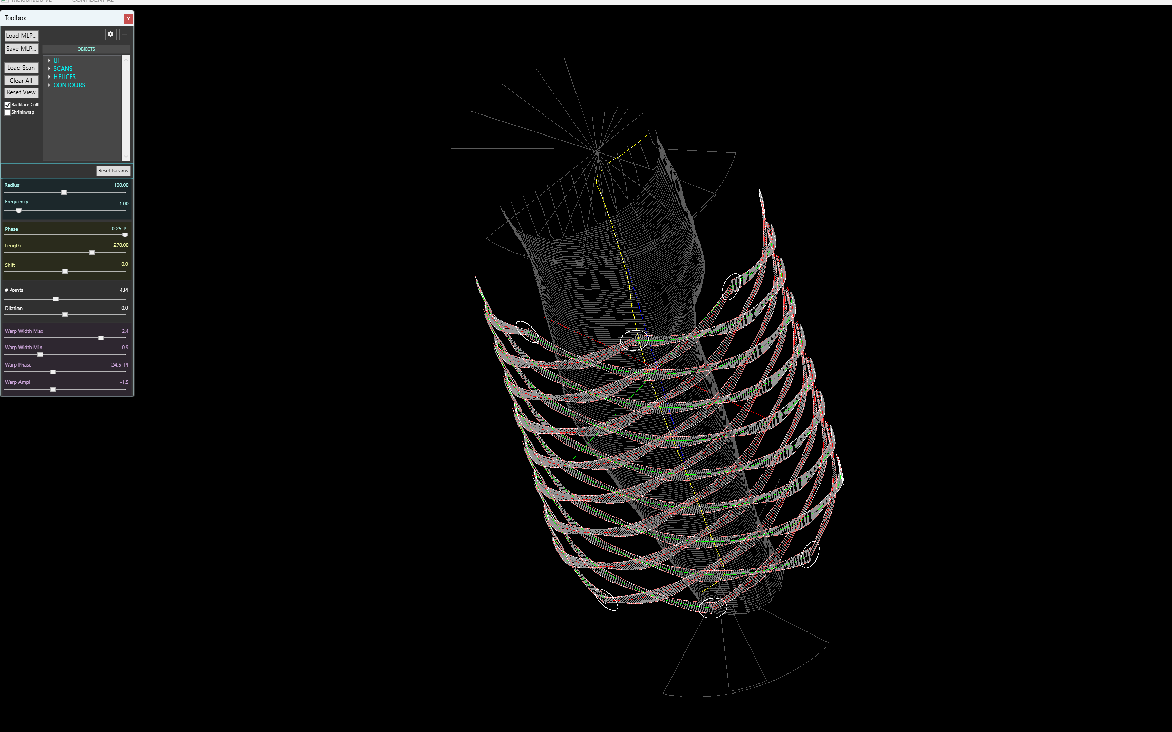 Generated spiral bands crossing around the contour stack, shrinkwrap disabled.