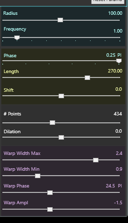 Toolbox parameter panel with radius, frequency, phase, length, shift, point count, dilation, and warp controls.